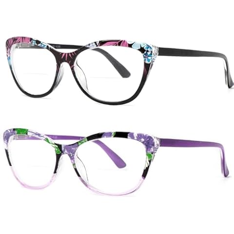 Hyyiyun 2 Pairs Bifocal Reading Glasses Women With Spring Hinge, Designer Floral Printed Frame Readers Cover
