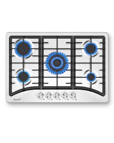 Ranein 30-Inch 5 Burner Gas Cooktop Stove Top, Built-In Gas Stove, 304 Stainless Steel, NG & LPG Convertible, High-Performance Sealed Burners for Apartment, Indoor, and Portable Kitchens