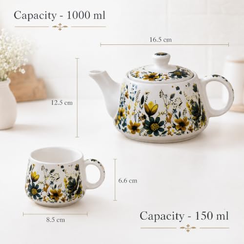 Image of The Earth Store Premium Handcrafted Daisy Bloom Ceramic Tea Cup Set with Kettle Microwave and Dishwasher Safe 6 Tea Cups & 1 Kettle | Tea Pot Set | Morning Set