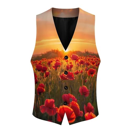 Poppy Field at Sunset Men's Suit Vest Waistcoat Vests Formal Dress with 2 Pockets for Business Casual Tuxedo3