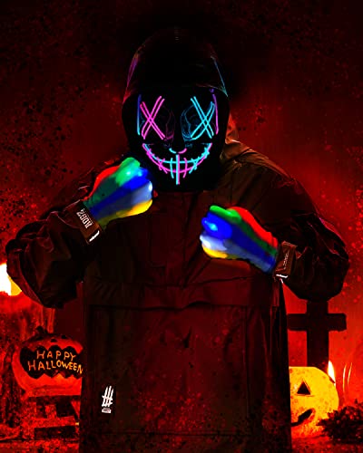 Longpo Halloween Purge Mask For Adults Led Light Up Scary Mask Cosplay Costume For Halloween Festival Masquerade Carnival Party (Ice Blue Pink Mask And Multi-Coloured Gloves) #TOP3
