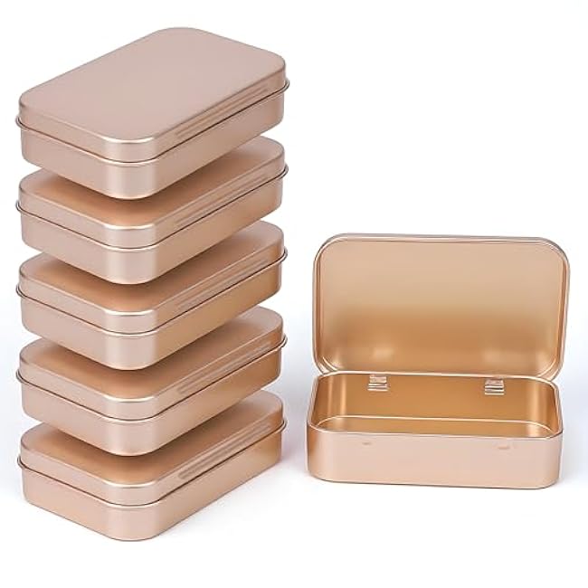 Small Metal Box With Lid-Cookie Tins Metal Tins With Lids Lens Wipes Storage Container Mini Portable Box,Empty Hinged Tin,For Organize Mint Candy Jar,Sewing (Rose Gold, 6 Pcs 3.7 x 2.4 x 0.9)