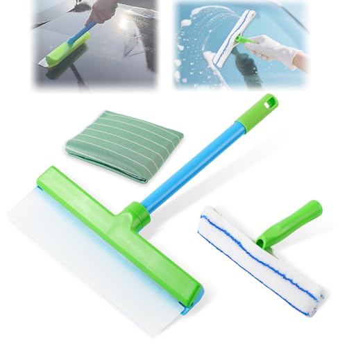 Window Cleaning Kit Window Squeegee Recyclable Silicone Window Squeegee Kit 3 in 1 Glass Cleaning Tool with Rotatable Rubber Microfiber Scrubber (1 Set)
