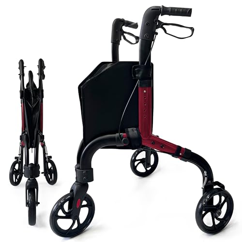 Retaoldth Premium 3 Wheel Rollator Walker for Seniors, Lightweight Foldable Elderly Three Wheeled Rollator with Storage Bag, Mobility Aid Rolling Walker, Red
