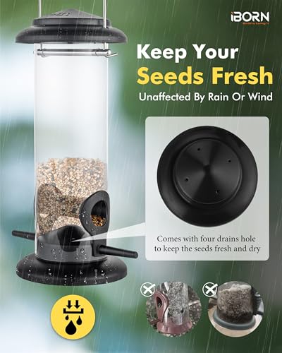 iBorn Metall-Vogelfutterhaus zum Aufhängen für Wildvogelfutter, Vogelfutterspender,geeignet für Mischfutter, Niger-Saat,Sonnenblumenkerne, robuste Ganzmetall-Ausführung,20cm(8 Zoll),Schwarz – Bild 4