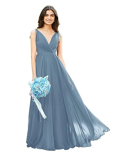 Image of HSFIYAKJ Bridesmaid Dresses Long Chiffon Formal Dress Open Back V Neck Evening Prom Gown for Women with Pockets