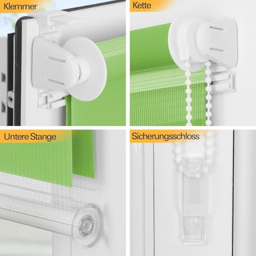BelleMax Doppelrollo Klemmfix ohne Bohren & mit Bohren, Grün B75 x H140 cm (Stoffbreite 75cm), Duo Rollo… – Ansicht 4