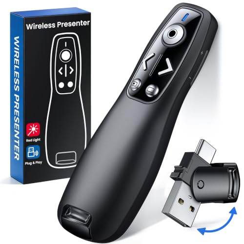 Image of Presentation Clicker with USB-A & USB-C Receiver, 2.4GHz Wireless Presenter Remote with Volume Control & Red Light Pointer, Clicker for PowerPoint Slides Slide Advancer for Mac Computer, Plug & Play