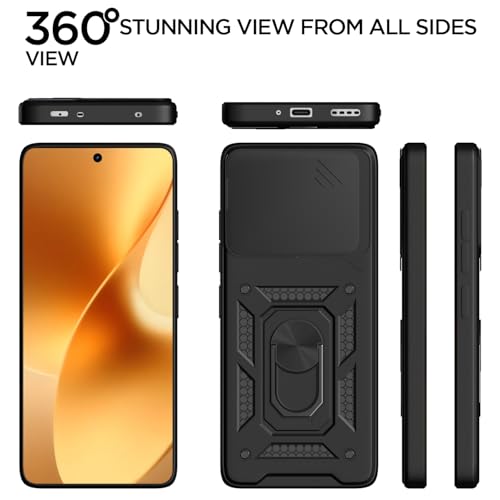 Image of Pikkme Back Cover for Realme 15 5G / Realme 15 Pro 5G | 360 Protection Case | Sliding Camera Shield Cover & Ring Holder Stand D10 Tough Armor Bumper Case (Black)