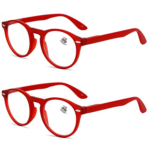 KOOSUFA Lesebrille Herren Damen Retro Runde Nerdbrille Lesehilfen Sehhilfe Federscharniere Vollrandbrille Anti Müdigkeit Brille mit Stärke 1.0 1.5 2.0 2.5 3.0 3.5 4.0 (2x Rot, 2.0)