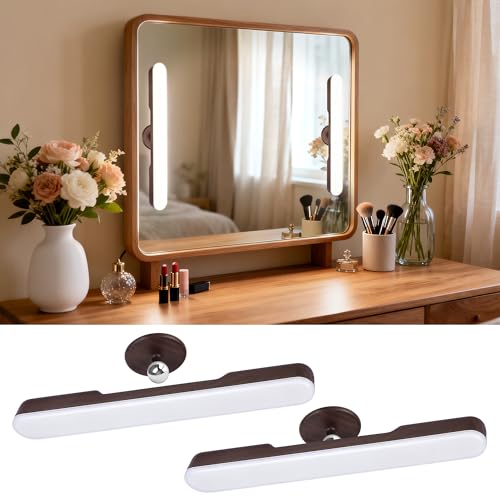 2 Pcs Vanity Makeup Lights for Bathroom, Wireless Wood Grain Rechargeable LED Stick on Light Bar for Mirror, Tunable 3 Color Temperature 4000 mAH Battery Life Lighting for Vanity(Deep Brown)