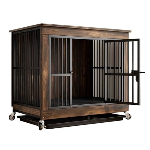 Jaula de Madera para Perros con Ruedas, 80x52x77 cm, Diseño Tipo Mueble, con Bandeja Extraíble y Techo Resistente, Marrón (Marrón, S)