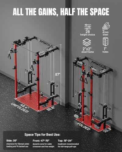Image of Mikolo Folding Squat Rack, Wall Mounted Power Rack with Cable Crossover Machine & LAT Pull Down, Functional Trainer with 5 Adjustable Function Modes, Home Gym Package