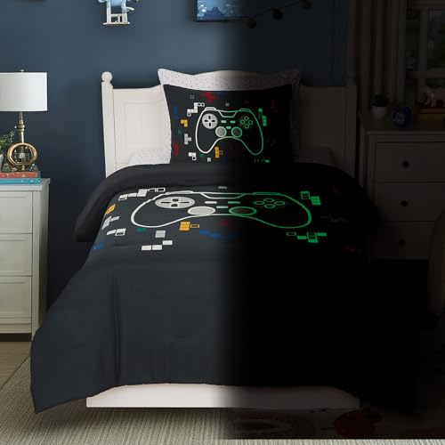 Twin Comforter Set for Boys-5 Pieces Gamer Glow in The Dark Twin Bedding Sets for Kids, Ultra Soft Bed in A Bag with Sheets