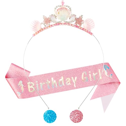 Didder Pink Mermaid Birthday Girl Sash and Headband Set, Ocean Theme Birthday Party Decorations Gifts for Little Girls