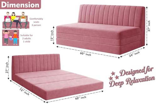 Image of Rosebell -Three Seater Armless Sofa Cum Bed with Backrest | Soft Velvet Fabric Finish | Modern Living Room & Bedroom -Rose Pink-Color