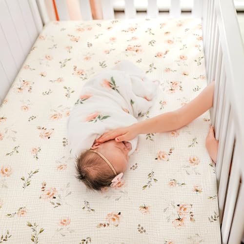 Image of GRSSDER 100% Cotton Muslin Crib Sheet 2 Pack - Breathable & Ultra-Soft Fitted Crib Sheets for Standard Baby & Toddler Mattresses, 52 inchx28 inch with 9 inch Deep Pocket, Snug Fit All-Around Elastic