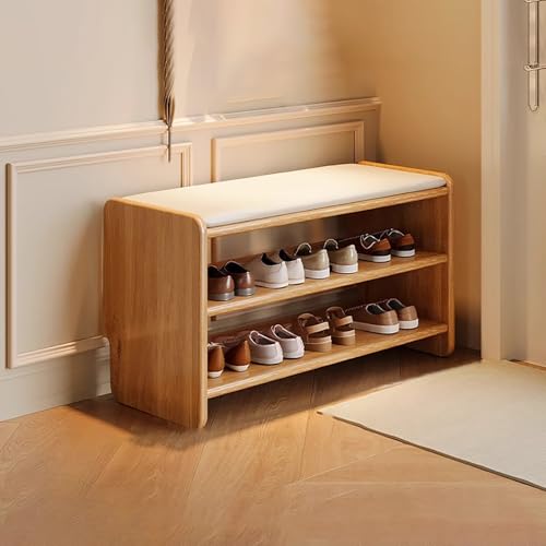 IYUESQ Zapatero de Madera de 2 Niveles con Asiento Acolchado, Moderno Banco para Pasillo y Puerta de Entrada (Madera Naranja, 60 x 30 x 42 cm).
