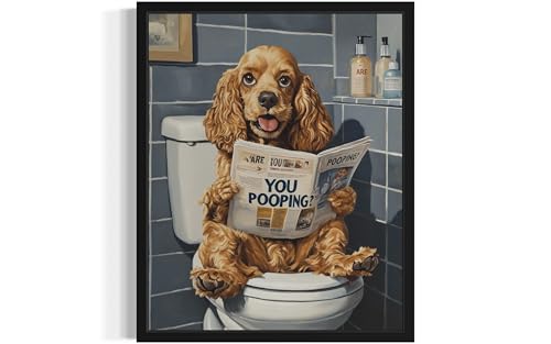 Image of Cocker Spaniel on Toilet Black Framed Wall Art Print Poster, Dog Bathroom Humor Decor Posters Prints for Restroom Home Picture Painting Artwork Gallery 7 (Cocker Spaniel, 10 inchL x 8 inchW, Black Frame)