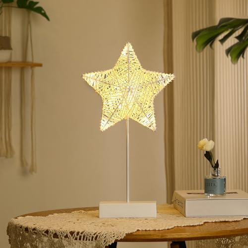 Preisvergleich Produktbild Kssiaz Tischlampe, LED Sternenlampe Sternform Weihnachtsdeko Innen, Batteriebetrieb Fensterbank Lampe Metall Weihnachtsstern Schreibtischlampe für Ramadan Zuhause Weihnachten Hochzeit, Warmweiß
