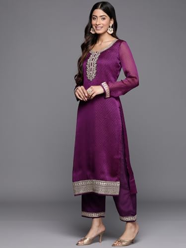 Image of Libas Womens Printed Chiffon Straight Kurta With Trousers and Dupatta | daily wear suit