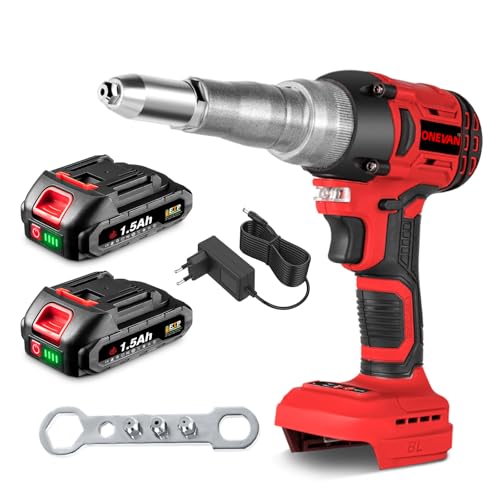 ONEVAN remachadora bateria, 20000N pistolas de remache electrica con baterias 2x 1.5Ah, carrera 18 mm, sin escobillas, remachadora automatica inalambirca para remaches de 2.4-5 mm