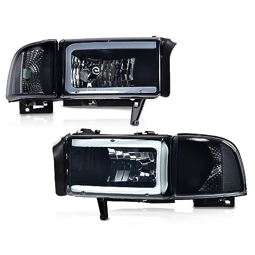 Image of GRAND ORANGE LED Light Strip Headlight Assembly Lamps w /o Bulbs Compatible with Dodge Ram 1500 1994-2001 /Dodge Ram 2500 3500 1994-2002 CH2503101,Smoke Lens Black Housing Clear Reflector Headlamps