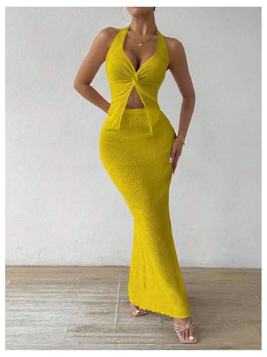 Image of SOLY HUX Women's Two Piece Outfits Twist Front Halter Cami Tops and Skirt Summer Set