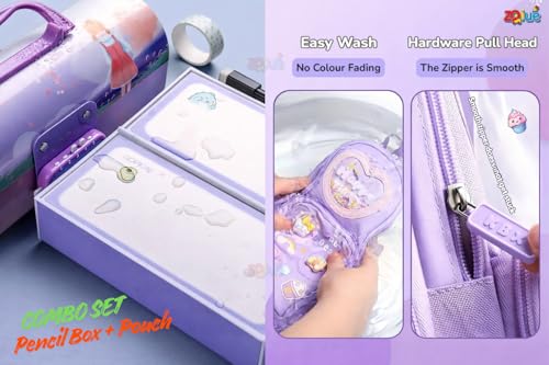 Image of Zqiue Luky Purple Password Lock Pencil Box & Happy Time Pencil Pouch Combo Set (Pack of 2) | Double Combination Lock Pencil Case | Cute Kawaii Large Capacity Stationery Organizer for Kids & Girls