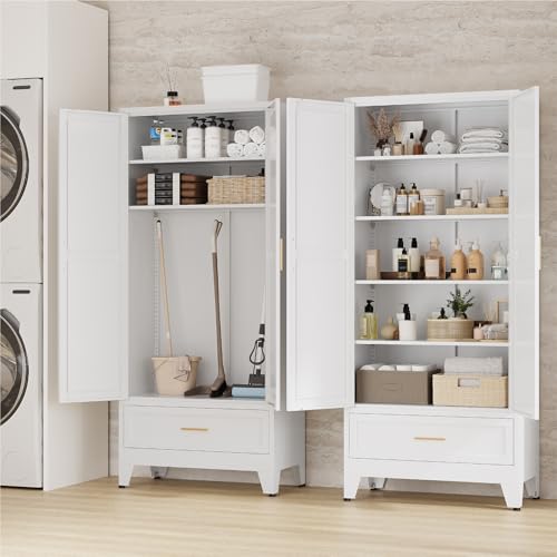 Image of 71 inch Tall Kitchen Pantry Cabinet,Farmhouse Pantry Cabinet,Metal Cabinet with Adjustable Shelves and Drawer,Storage Cabinet for Kitchen Dining Room Garage,White 1 Pack