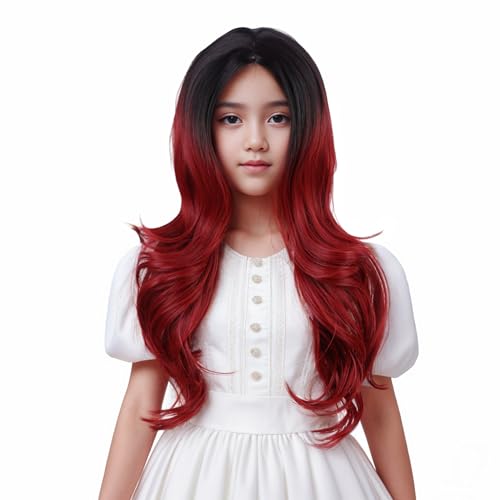Image of Black Ombre Red Wig for Kids Long Black Mixed Wine Red Middle Part Wig for Child Long Wavy Curly Wigs for Girls Heat Resistant Synthetic Wigs with Cap