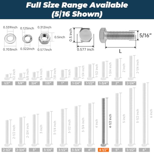 Image of 8 Sets Glvaner 5 /16-18 x 4-1 /2 inch Stainless Steel Hex Head Screws Bolts, Nuts, Flat & Lock Washers, 18-8 (304) Stainless Steel, Full Thread, Coarse Thread
