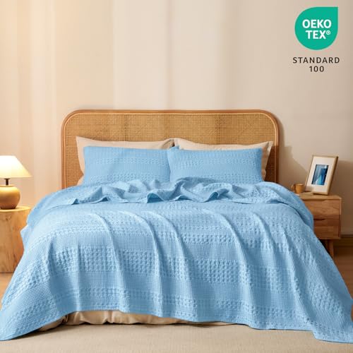 Image of PHF 100% Cotton Waffle Weave Blanket King Size for Bed, Soft Lightweight & Breathable for Spring and Summer, All-Season Comfort, Luxury Aesthetic Blanket for Home Decor, 108 inchx90 inch, Airy Blue