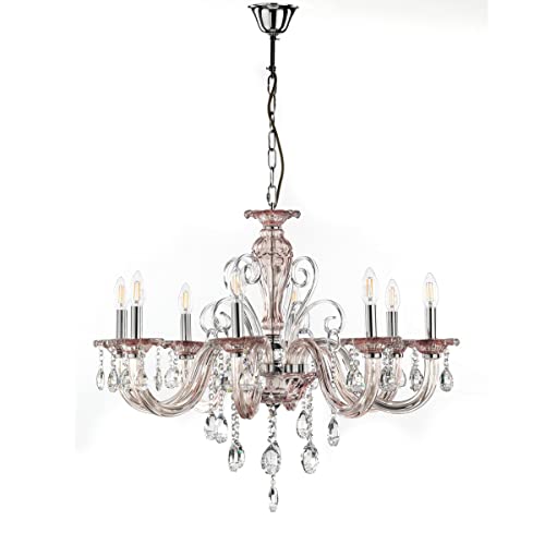 Lustre Emma 8 lumières en verre cristal d'exception couleur rose ancien