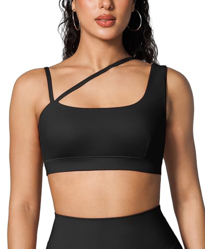 BRXL Sports Bra for Women Adjustable Spaghetti Strap Removable Pads Low Impact Light Support Yoga Pilates Thin Strap Black