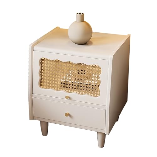 HJYBFA Mesita de Noche de Madera Blanca con 2 cajones de Almacenamiento. Elegante diseño de Puerta de ratán y Vidrio decoración y nización del Dormitorio.