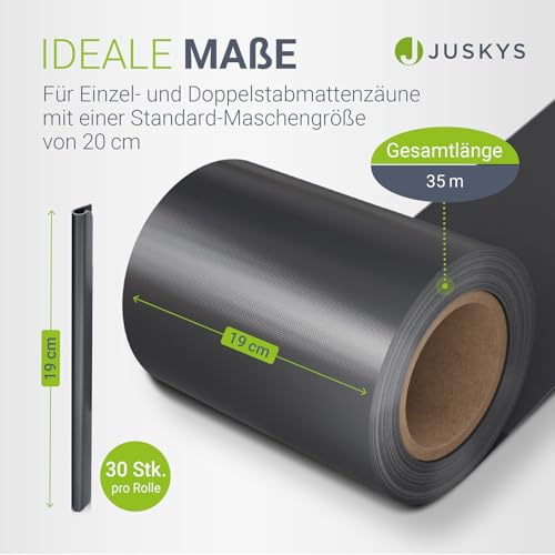 Juskys PVC Sichtschutzstreifen Doppelstabmatten Zaun 4er Set - 4 Rollen á 35m x 19cm - 120 Befestigungsclips - Zaunfolie Sichtschutz Windschutz - anthrazit