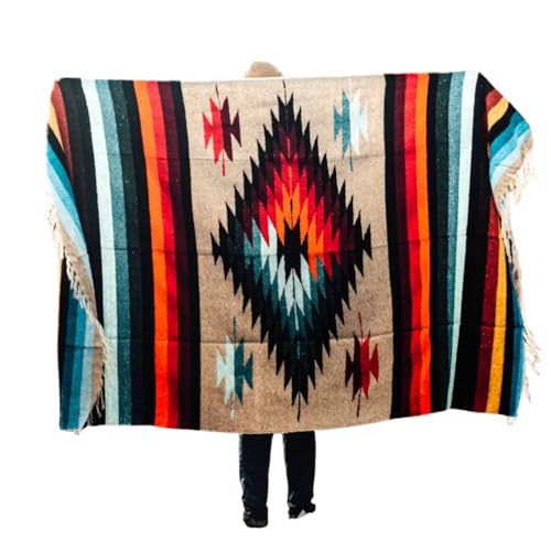 Open Road Goods Aztec Navajo Style Blanket, Throw, or Yoga Bolster - Handwoven Mexican Diamond Blanket (Multi Tan)