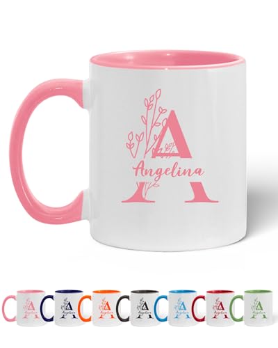 Custom Coffee Mug - Personalized Ceramic Cups with Initial Letter Name, Photo or Text - Customized Monogram Mug with Picture - Gift for Women, Men - 11oz & 15oz - Taza Personalizada Inicial, Pink
