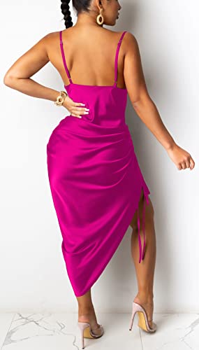 Image of Club Dress Sexy Dress for Women Wedding Party Birthday Cocktail Spaghetti Strap Satin Side Ruched Midi Mini Dress
