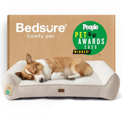 Image of Bedsure SupportMax Orthopedic Dog Bed Medium Size Dog - Extra Thick Supportive Medium Dogs Beds with Waterproof Washable Cover, Comfort Pet Bed Sofa with Soft Sherpa and Nonskid Bottom, Beige, 35 inch