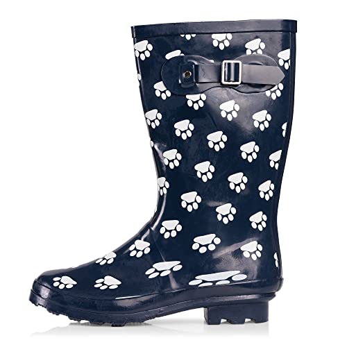 NORTY Waterproof Rain Boots for Women Size 11, Mid Calf Rain Shoes, Slip-Resistant, Comfortable Rainboots, Stylish Outdoor Garden Boots, Glossy Navy Paw Print, 11.25" Shaft