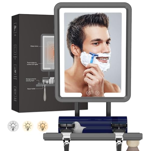 DeLanges LED Fogless Shower Mirror for Shaving - Heated Fog Free, 3 Dimmable Lights, 360° Adjustable, Rechargeable - with Storage Tray, Razor & Shaving Brush Holders, Gifts for Men