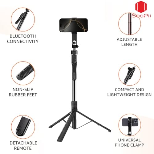 Image of Soopii 69-Inch Longest 360 Rotating Phone Gimbal Tripod Stand, Extendable 3 Legs Tripod with Bluetooth Selfie Stick, Stick for Video Shoot, Travel Tripod, Selfie Stand for iPhone /Gopro /Phone /Camera