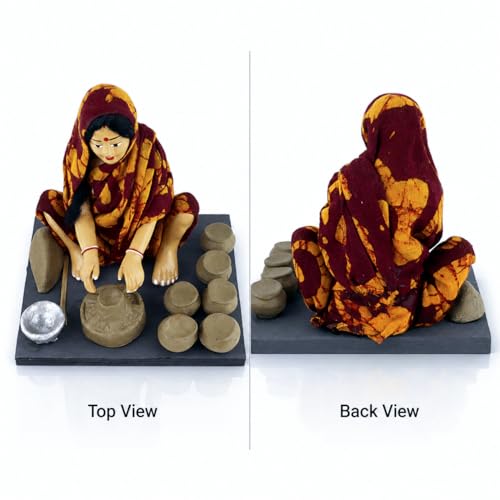 Image of Krishnanagar Handmade Clay Woman Potter Miniature Idol | Basic Terracotta Sitting Human Figurine | Traditional Indian Home Decor & Gift Showpiece