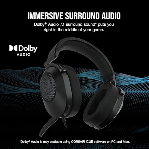 Image of Corsair HS65 Surround Wired Gaming On Ear Headset (Leatherette Memory Foam Ear Pads, Dolby Audio 7.1 Surround Sound on PC and Mac, SonarWorks SoundID Technology, Multi-Platform Compatibility) Carbon