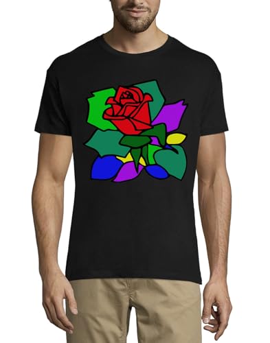 T-shirt noir homme en coton à col rond avec motif rose abstraite