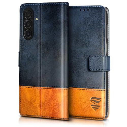 Image of FLIPPED Vegan Leather Flip Case Back Cover for Samsung Galaxy M17 5G | A17 5G | F17 5G (Flexible, Shock Proof | Hand Stitched Leather Finish | Card Pockets Wallet & Stand | Irish Blue with Tanned Oak)
