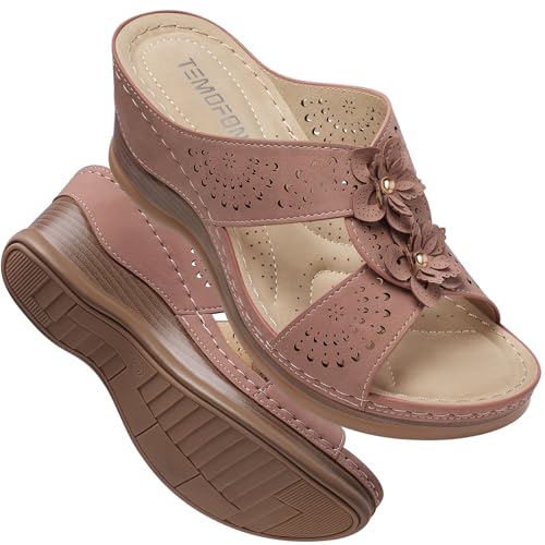 Image of TEMOFON Womens Wedge Sandals Leather: Comfortable Walking Shoes Summer | Fit Wide Foot - Cute Style - Wear True Size 5-11