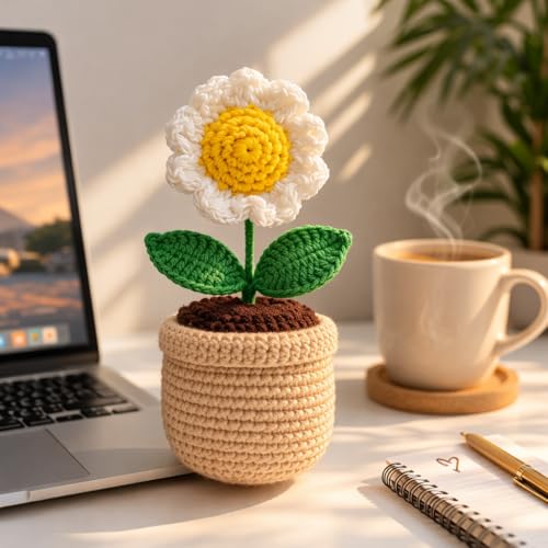craftelio Handmade Crochet Sunflower Pot – Eco-Friendly Knitted Flower Plant for Home, Office & Gifts (Beige)